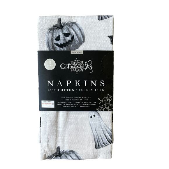 Halloween Ghost Pumpkin Cotton Napkins Set of 6 White Black Gray Spooky NEW - Picture 1 of 12
